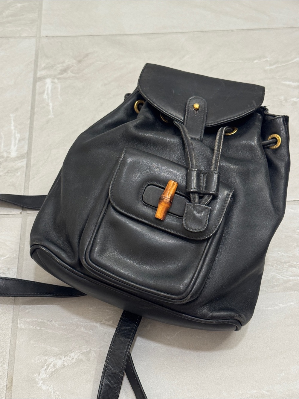 Vintage Gucci Bamboo Black Leather Mini Backpack Luxury 90s Fashion